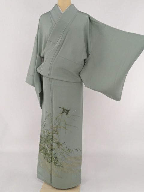 色留袖 薄緑色 一つ紋 山口美術織物 草花 鳥 刺繍 正絹 袷 Lサイズ