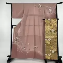 訪問着_袋帯セット_椿_友禅風_ぼかし_ピンク_袷_正絹